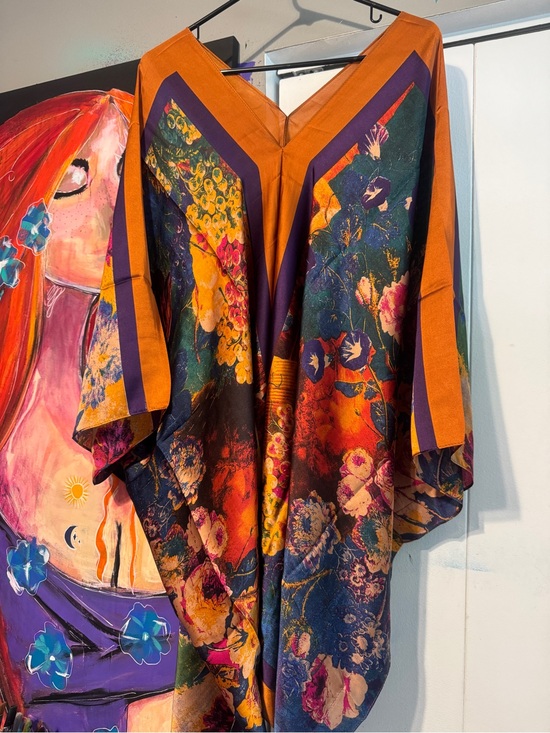 Tops - Boutique Silky Scarf Kaftan Tunic Dress Vibrant Floral Jewel Tone OSFM Boho